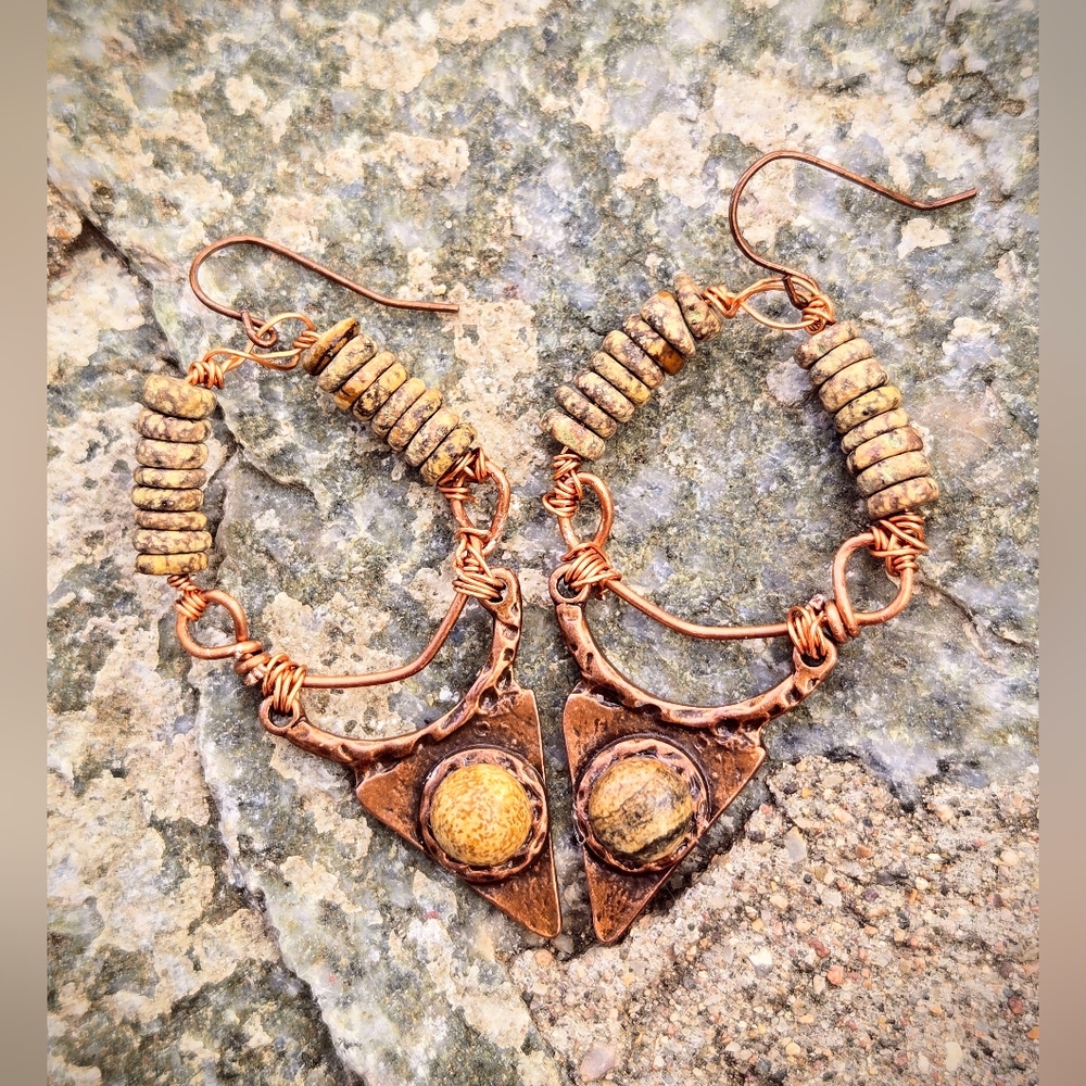 Prehistoric Primitive Picture Jasper In Handwired Antique Copper Earrings